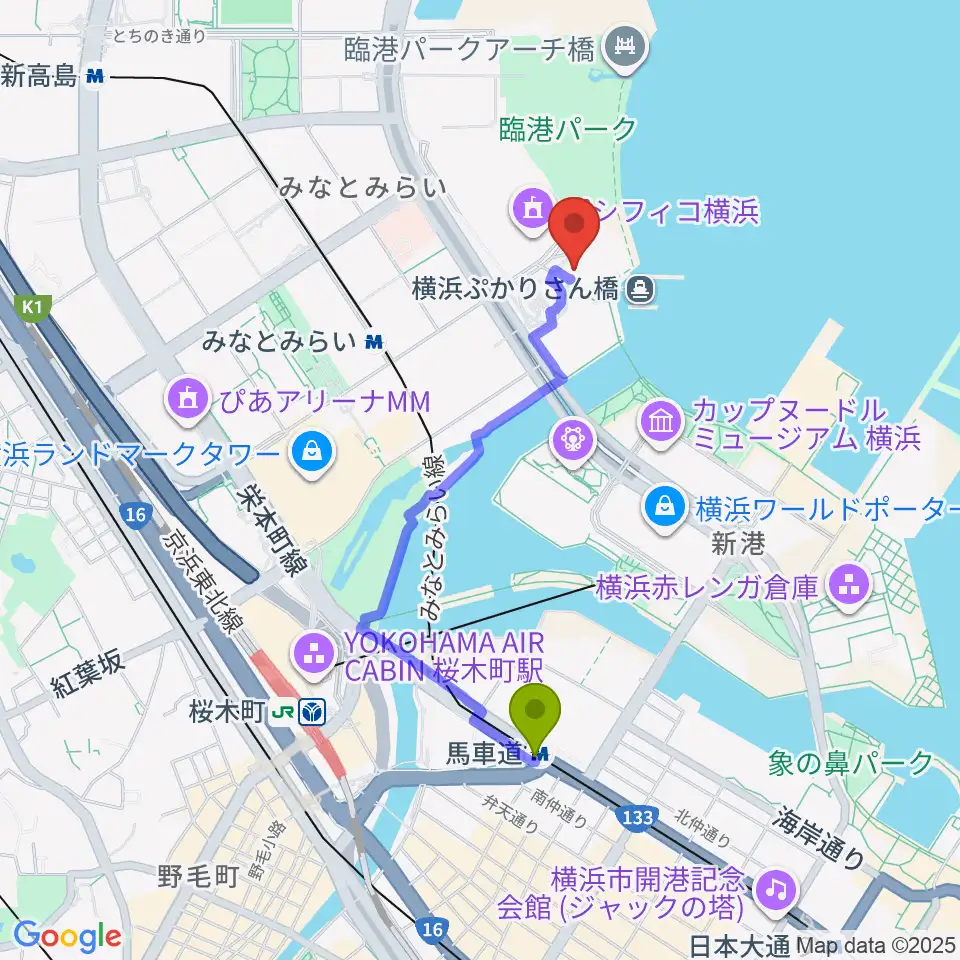 馬車道駅からパシフィコ横浜 国立大ホールへのルートマップ地図
