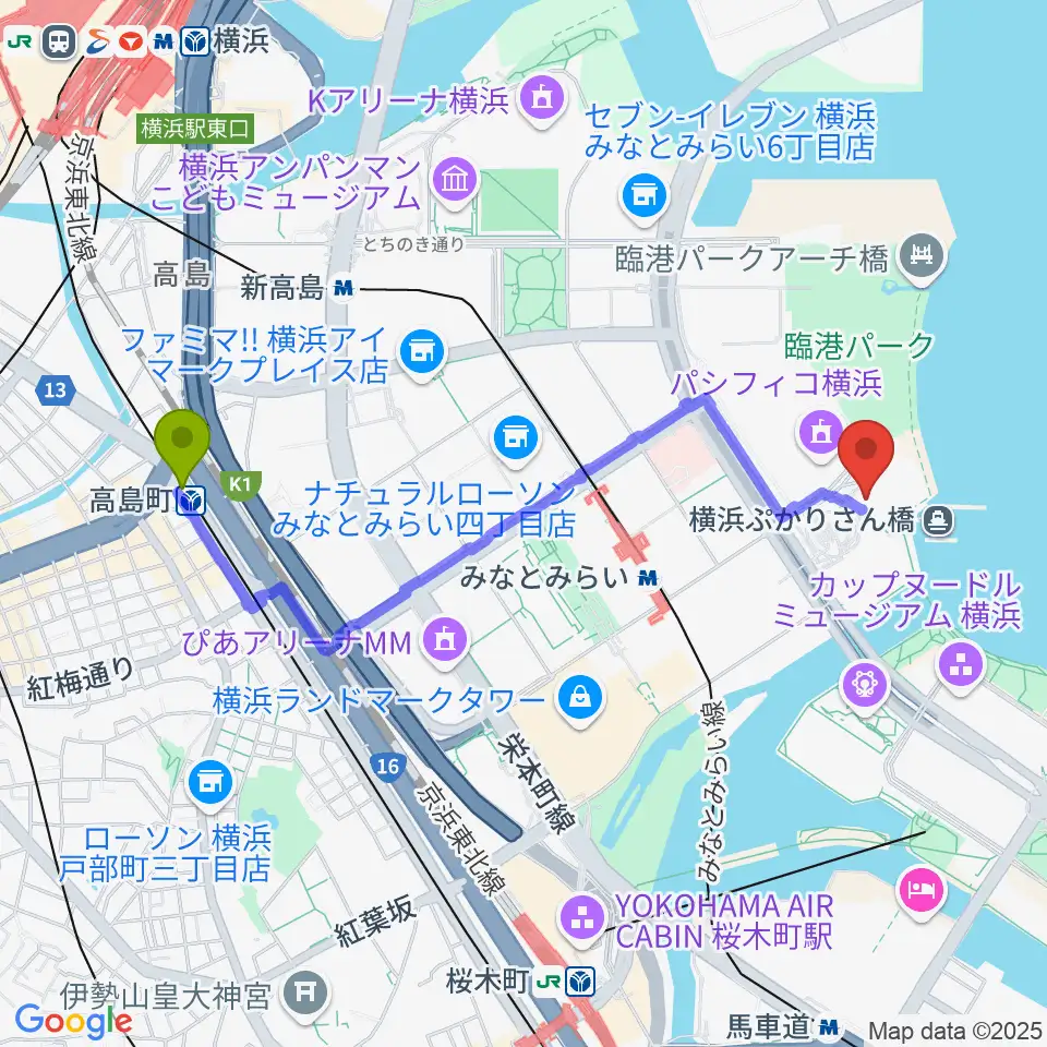 高島町駅からパシフィコ横浜 国立大ホールへのルートマップ地図