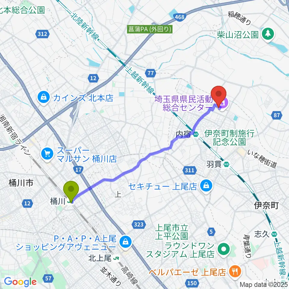 桶川駅から埼玉県県民活動総合センターへのルートマップ地図
