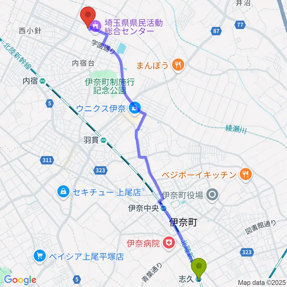 志久駅から埼玉県県民活動総合センターへのルートマップ地図
