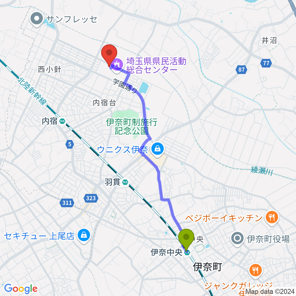 伊奈中央駅から埼玉県県民活動総合センターへのルートマップ地図