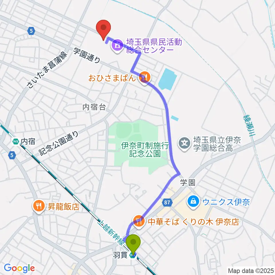 羽貫駅から埼玉県県民活動総合センターへのルートマップ地図