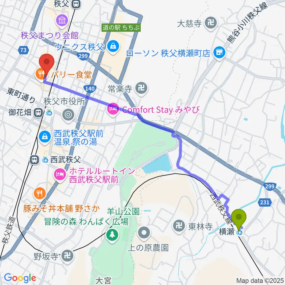 横瀬駅から秩父ladderladderへのルートマップ地図