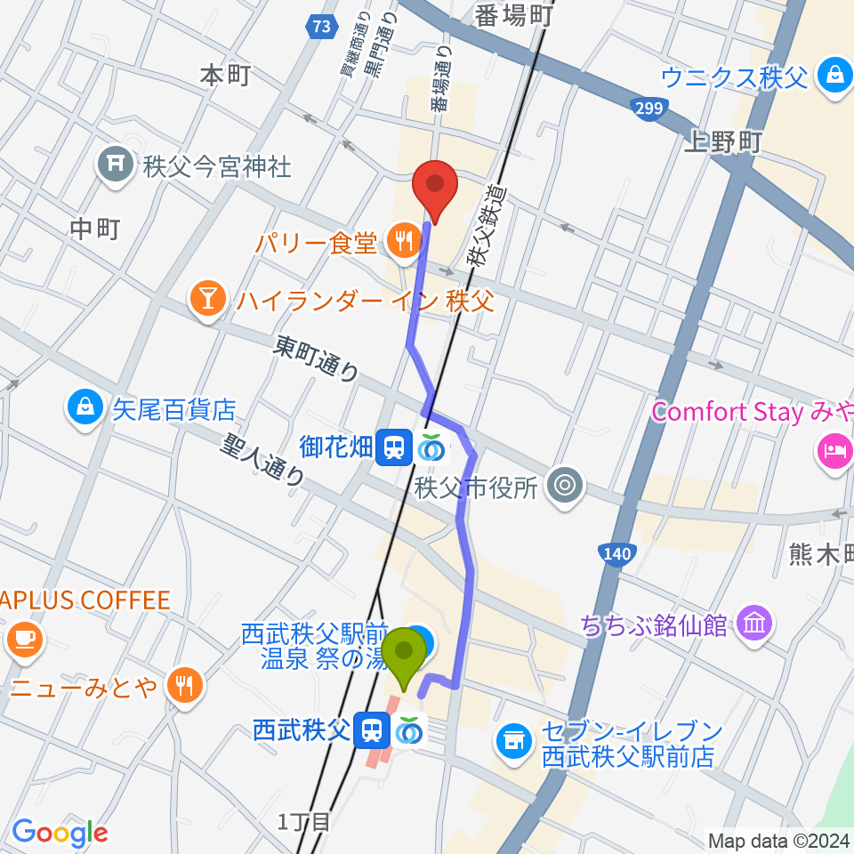 西武秩父駅から秩父ladderladderへのルートマップ地図