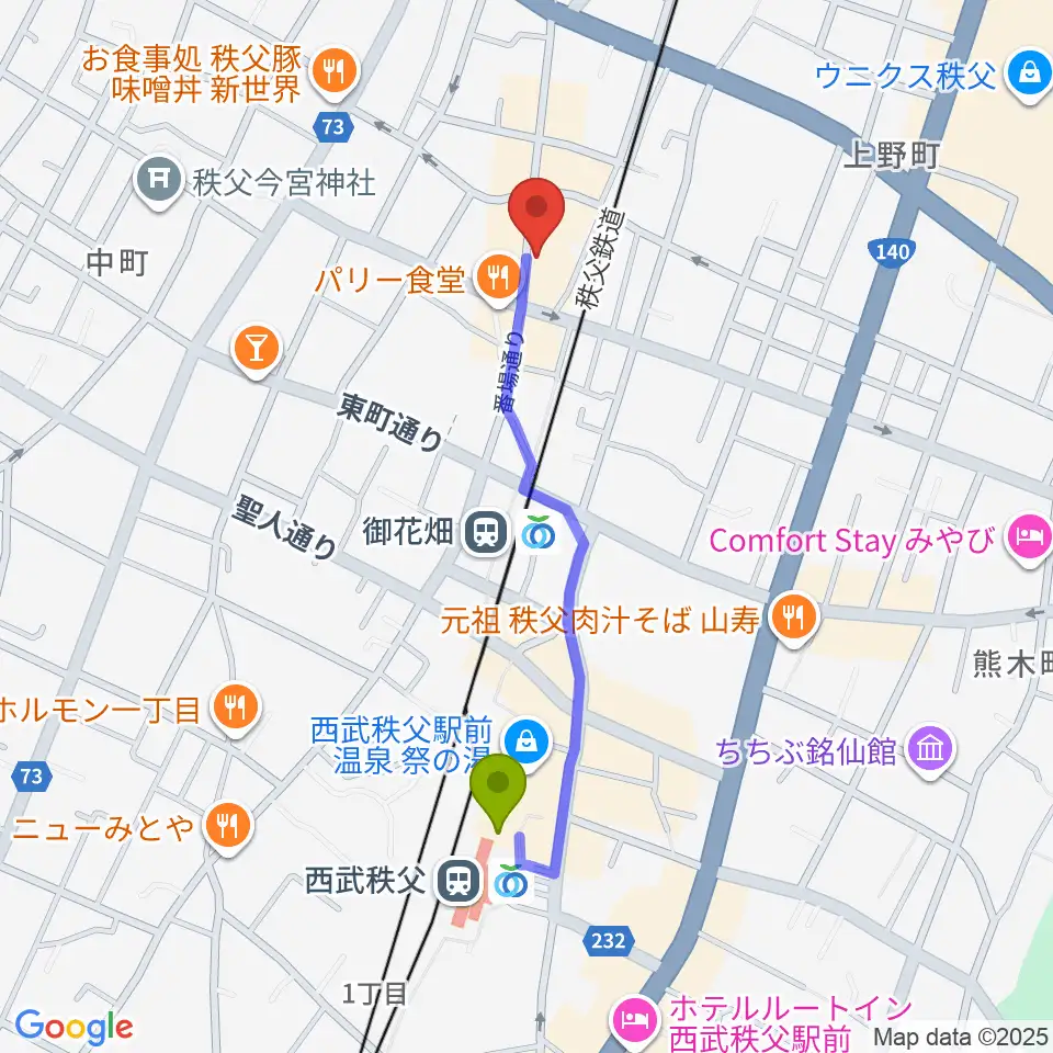 西武秩父駅から秩父ladderladderへのルートマップ地図