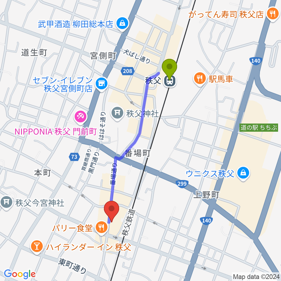 秩父駅から秩父ladderladderへのルートマップ地図