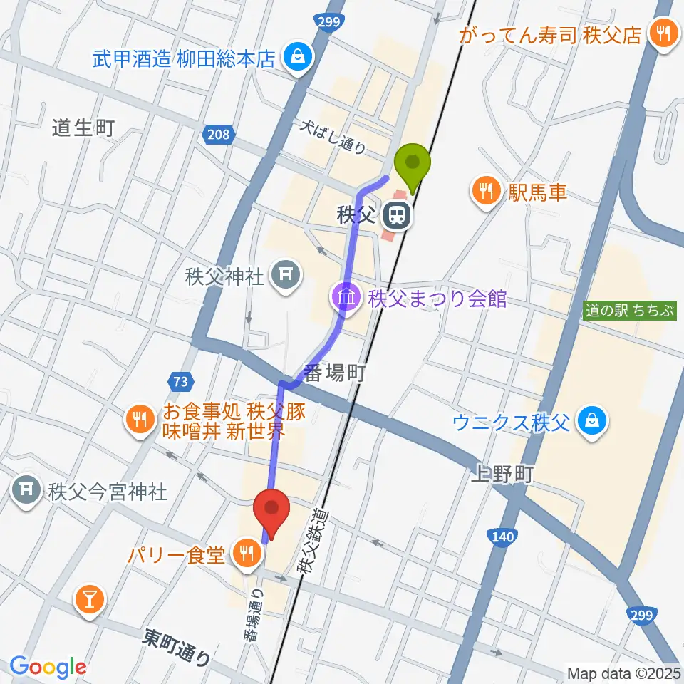 秩父駅から秩父ladderladderへのルートマップ地図