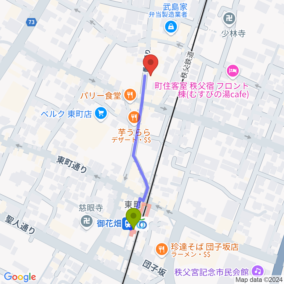 秩父ladderladderの最寄駅御花畑駅からの徒歩ルート（約4分）地図