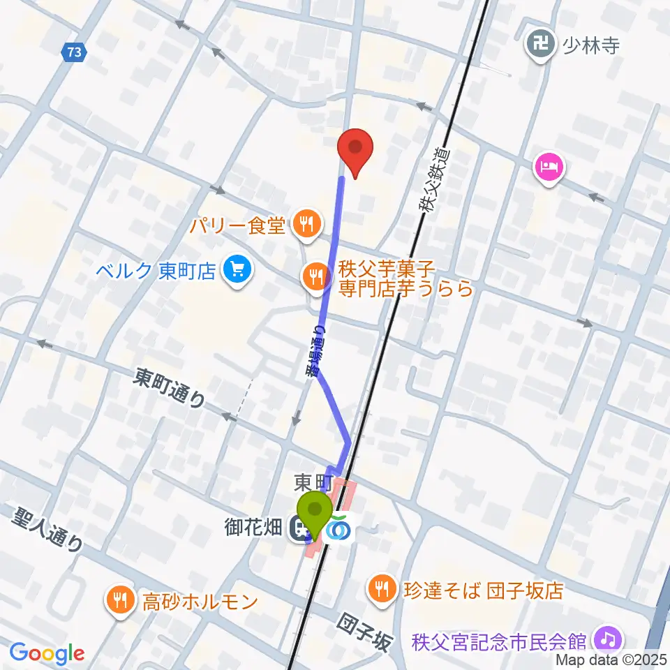 秩父ladderladderの最寄駅御花畑駅からの徒歩ルート（約4分）地図