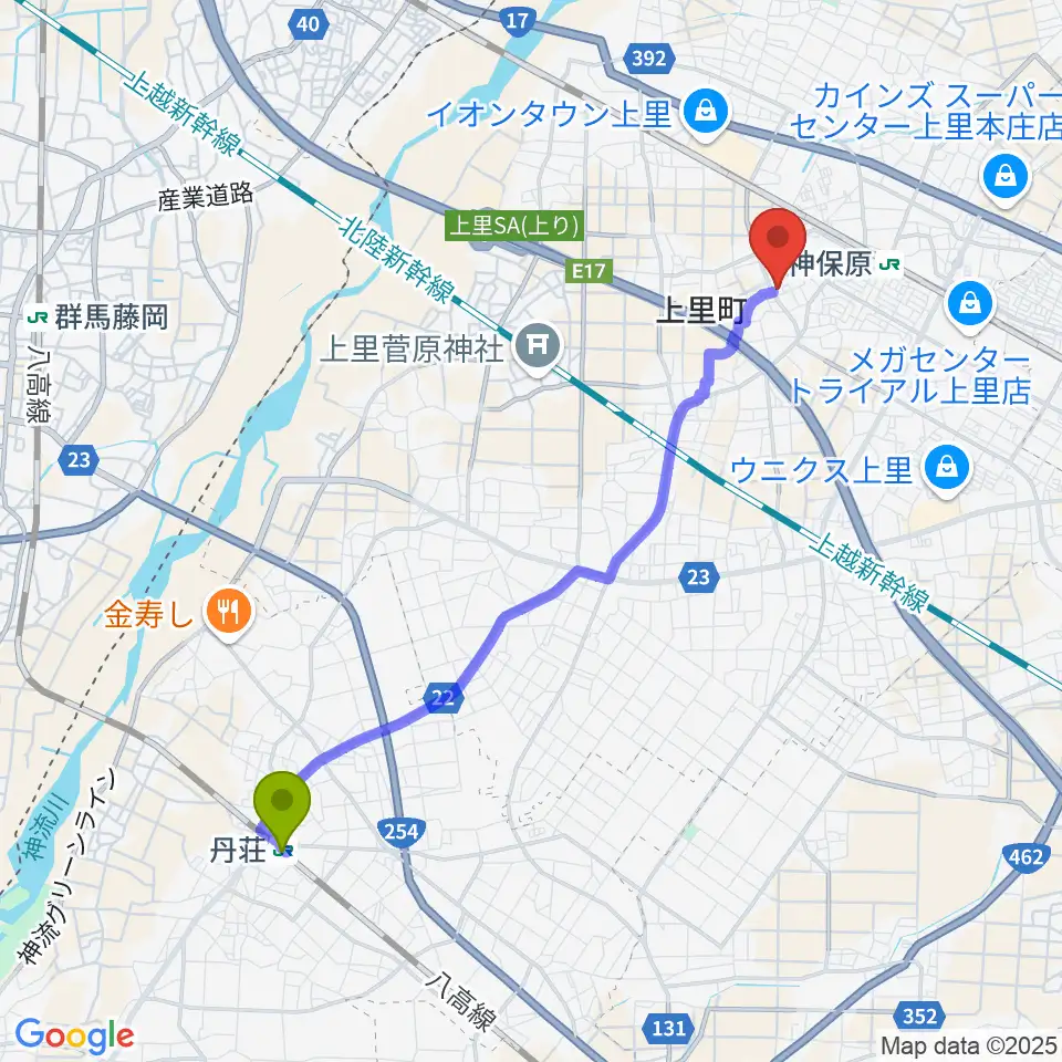 丹荘駅から上里町総合文化センター ワープ上里へのルートマップ地図