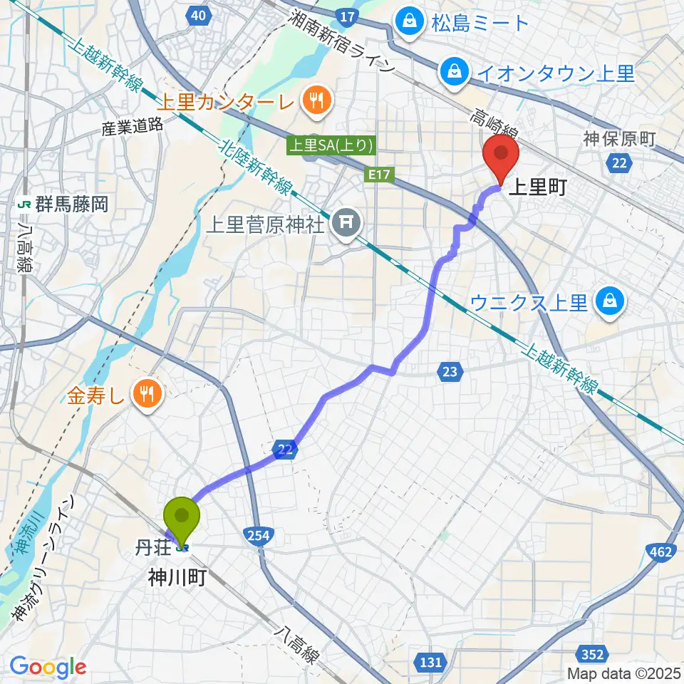 丹荘駅から上里町総合文化センター ワープ上里へのルートマップ地図