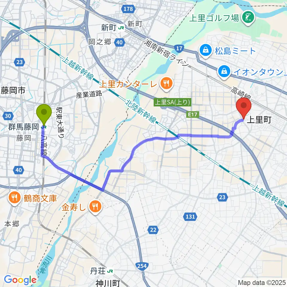 群馬藤岡駅から上里町総合文化センター ワープ上里へのルートマップ地図