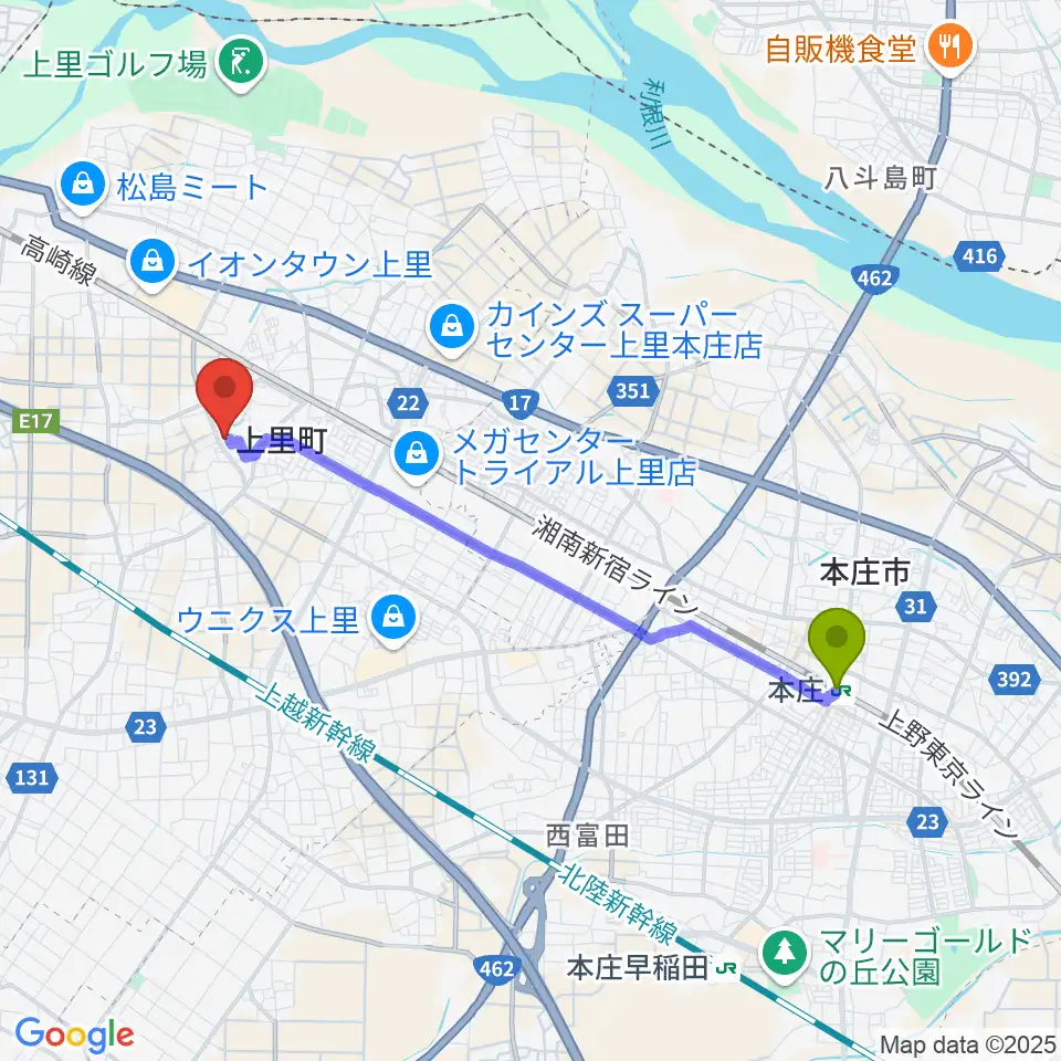 本庄駅から上里町総合文化センター ワープ上里へのルートマップ地図