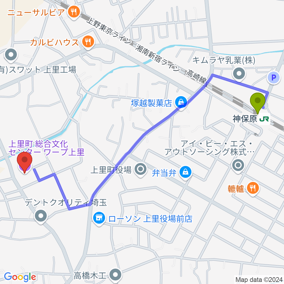 上里町総合文化センター ワープ上里の最寄駅神保原駅からの徒歩ルート（約13分）地図