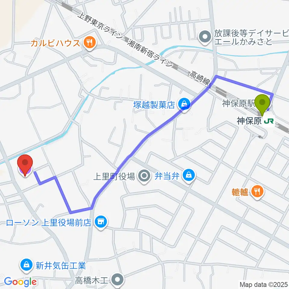 上里町総合文化センター ワープ上里の最寄駅神保原駅からの徒歩ルート（約13分）地図