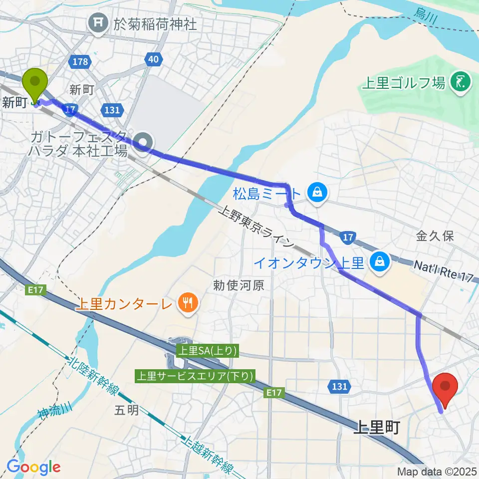 新町駅から上里町総合文化センター ワープ上里へのルートマップ地図