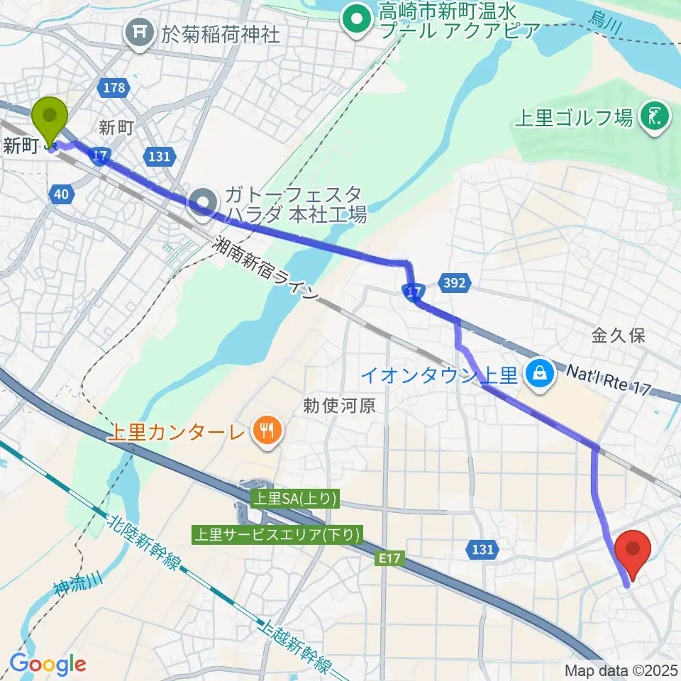 新町駅から上里町総合文化センター ワープ上里へのルートマップ地図