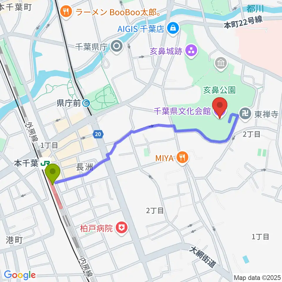 本千葉駅から千葉県文化会館へのルートマップ地図