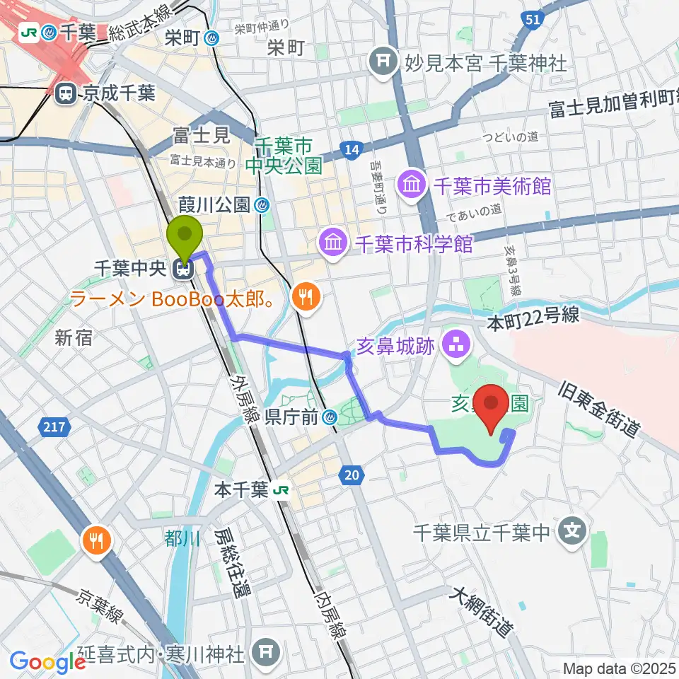 千葉中央駅から千葉県文化会館へのルートマップ地図