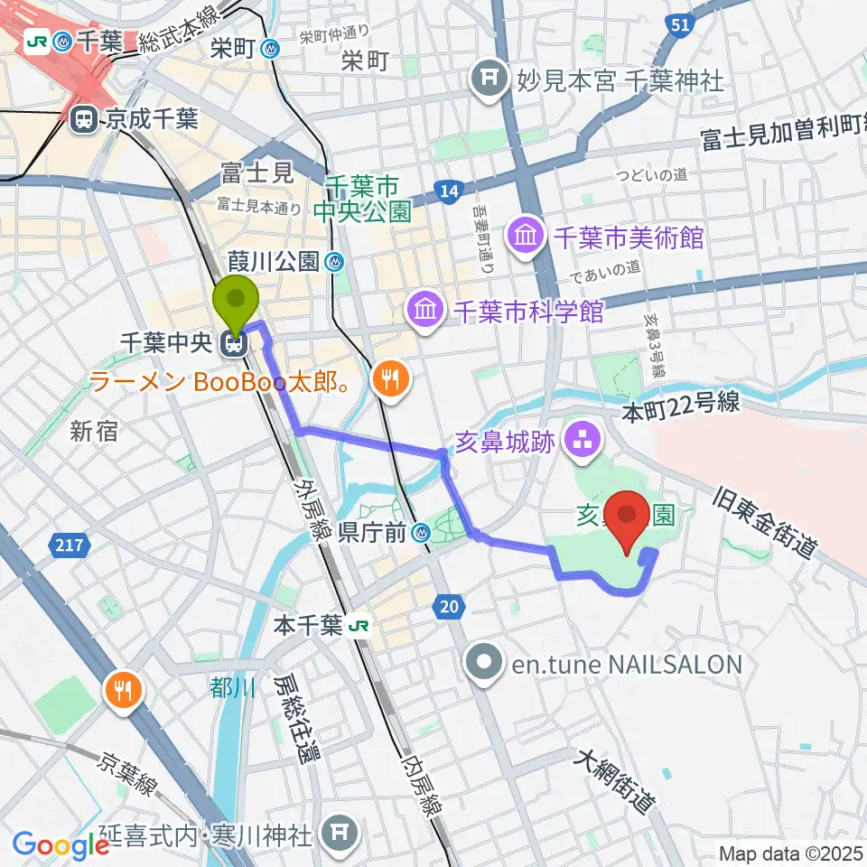 千葉中央駅から千葉県文化会館へのルートマップ地図