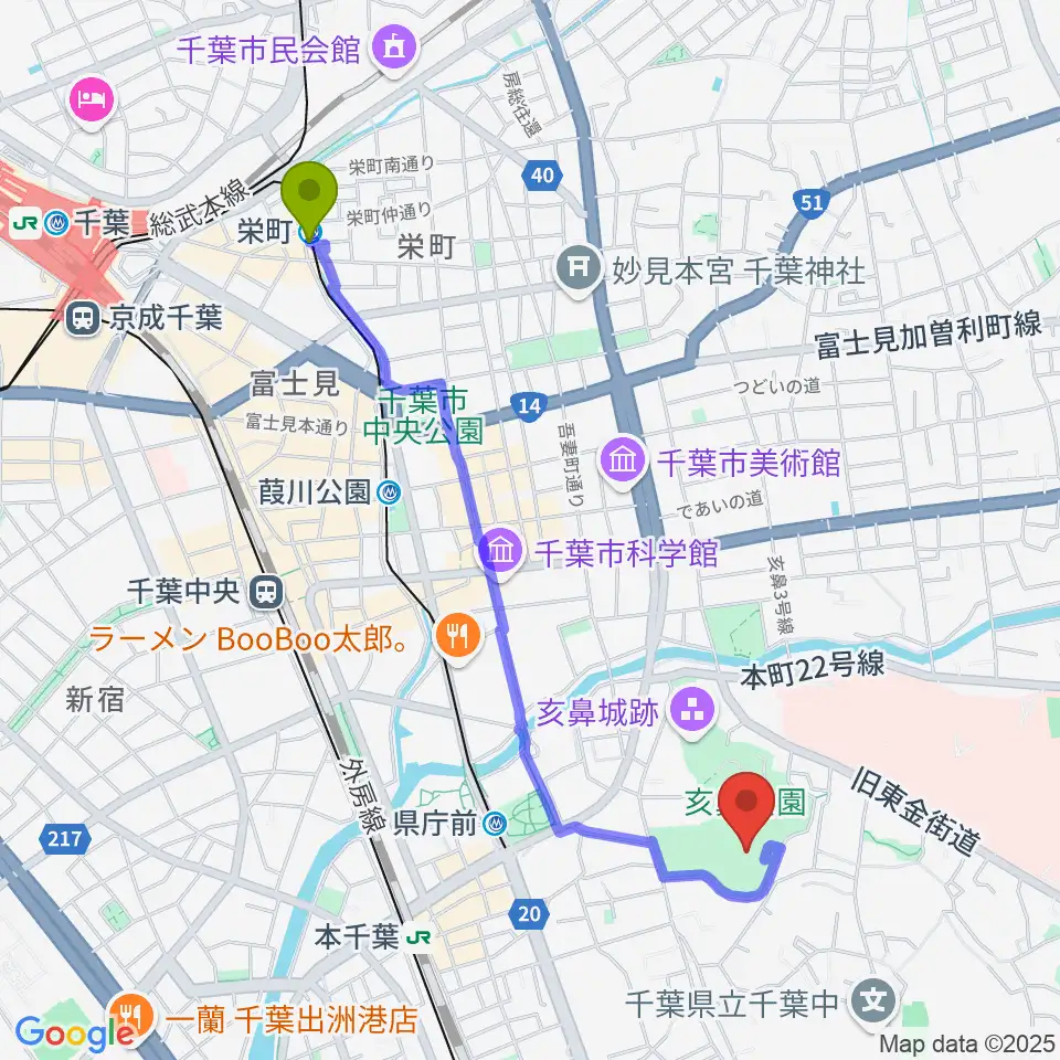 栄町駅から千葉県文化会館へのルートマップ地図