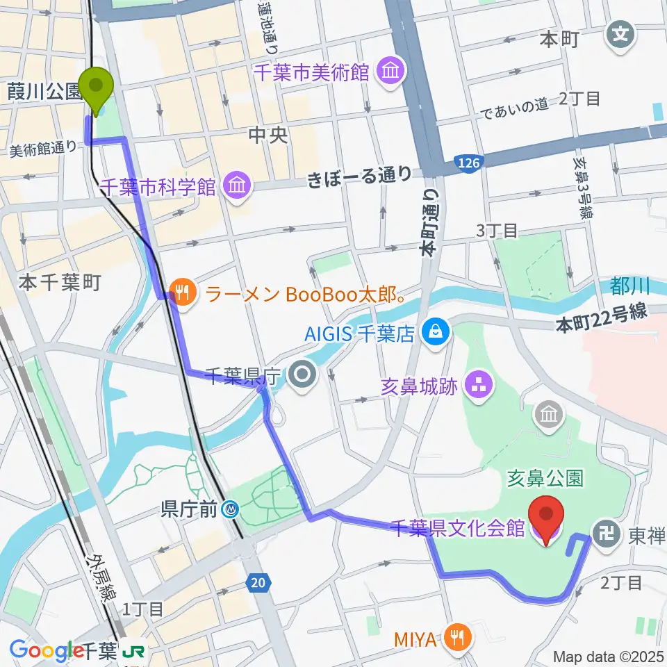 葭川公園駅から千葉県文化会館へのルートマップ地図