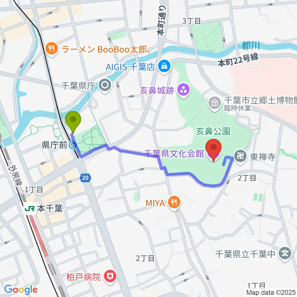 千葉県文化会館の最寄駅県庁前駅からの徒歩ルート（約8分）地図