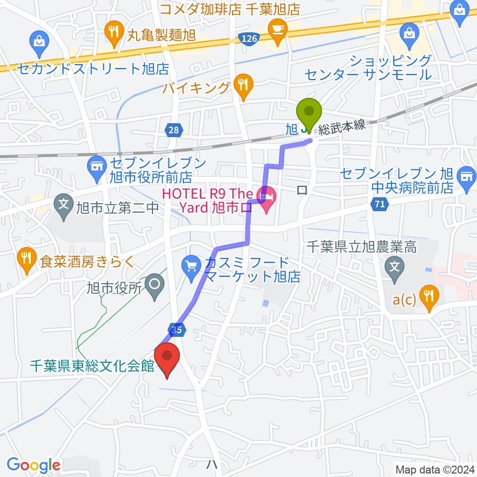 千葉県東総文化会館の最寄駅旭駅からの徒歩ルート（約18分）地図