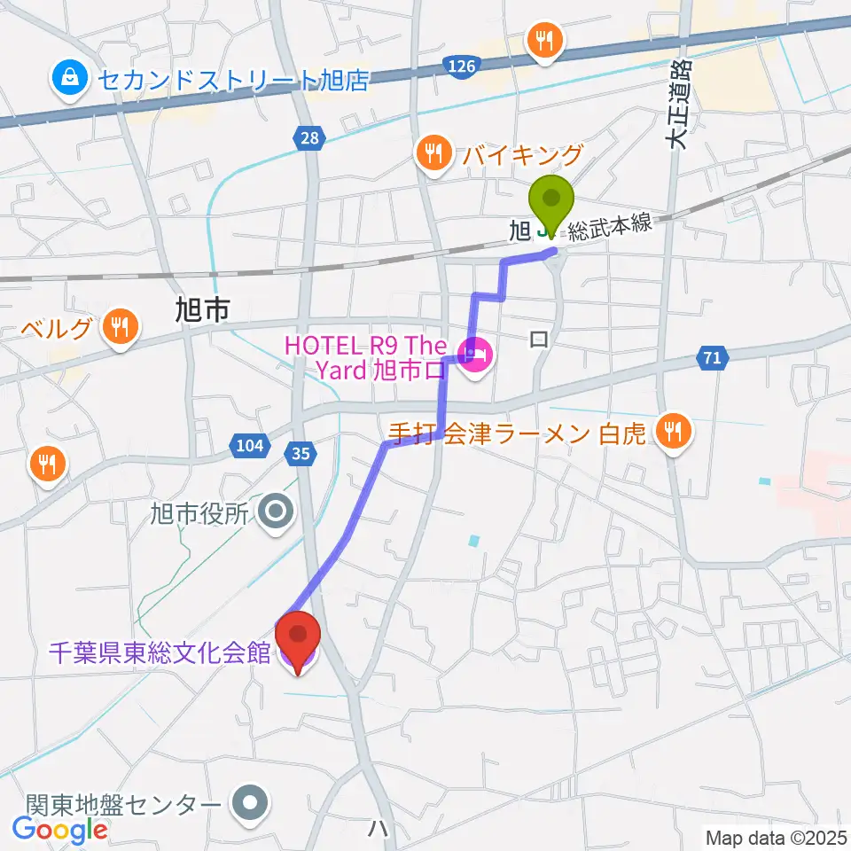 千葉県東総文化会館の最寄駅旭駅からの徒歩ルート（約18分）地図
