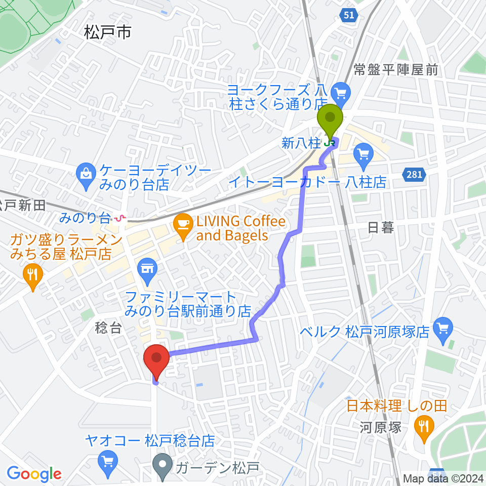 新八柱駅から松戸ブルートレインへのルートマップ地図