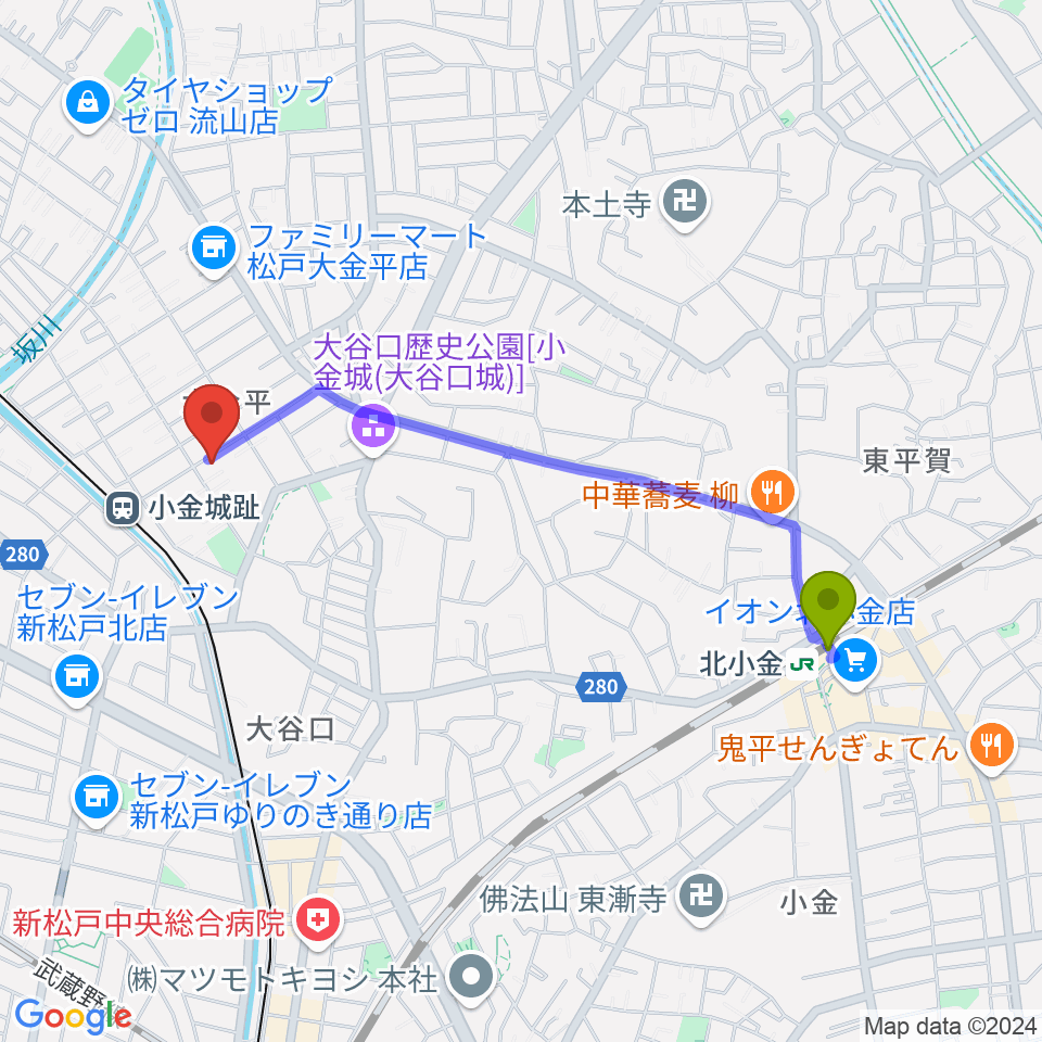 北小金駅からりべるて2へのルートマップ地図