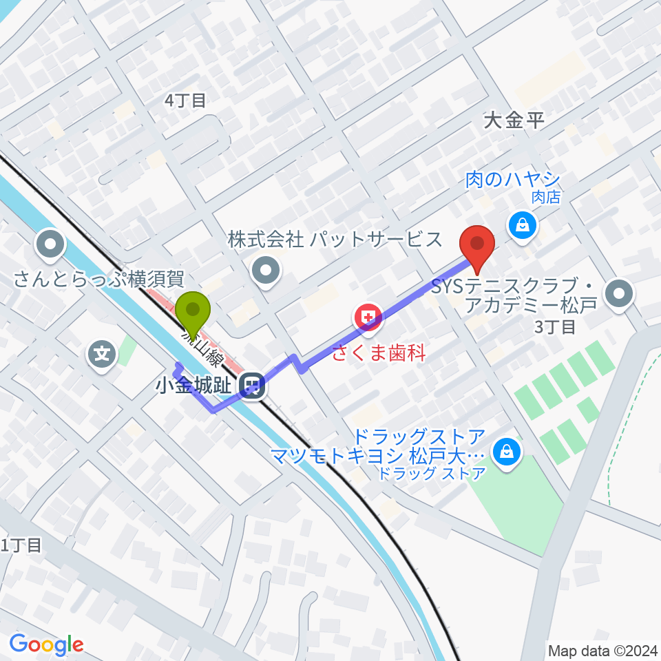 りべるて2の最寄駅小金城趾駅からの徒歩ルート（約3分）地図