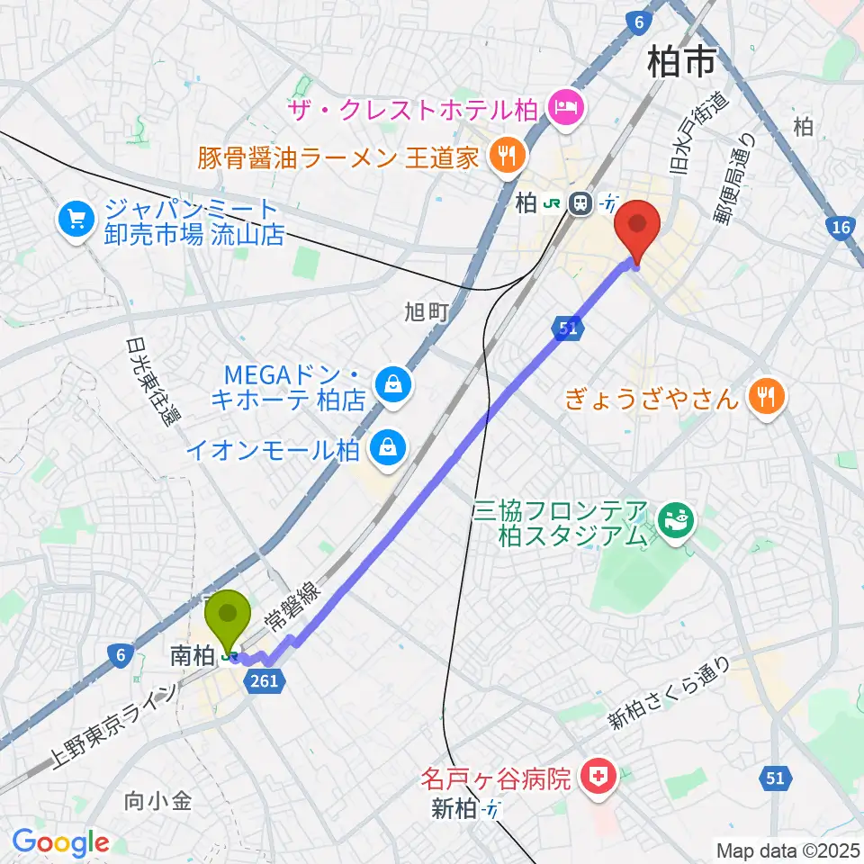 南柏駅から柏NARDISへのルートマップ地図