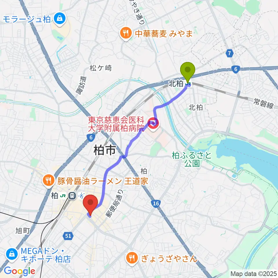 北柏駅から柏NARDISへのルートマップ地図