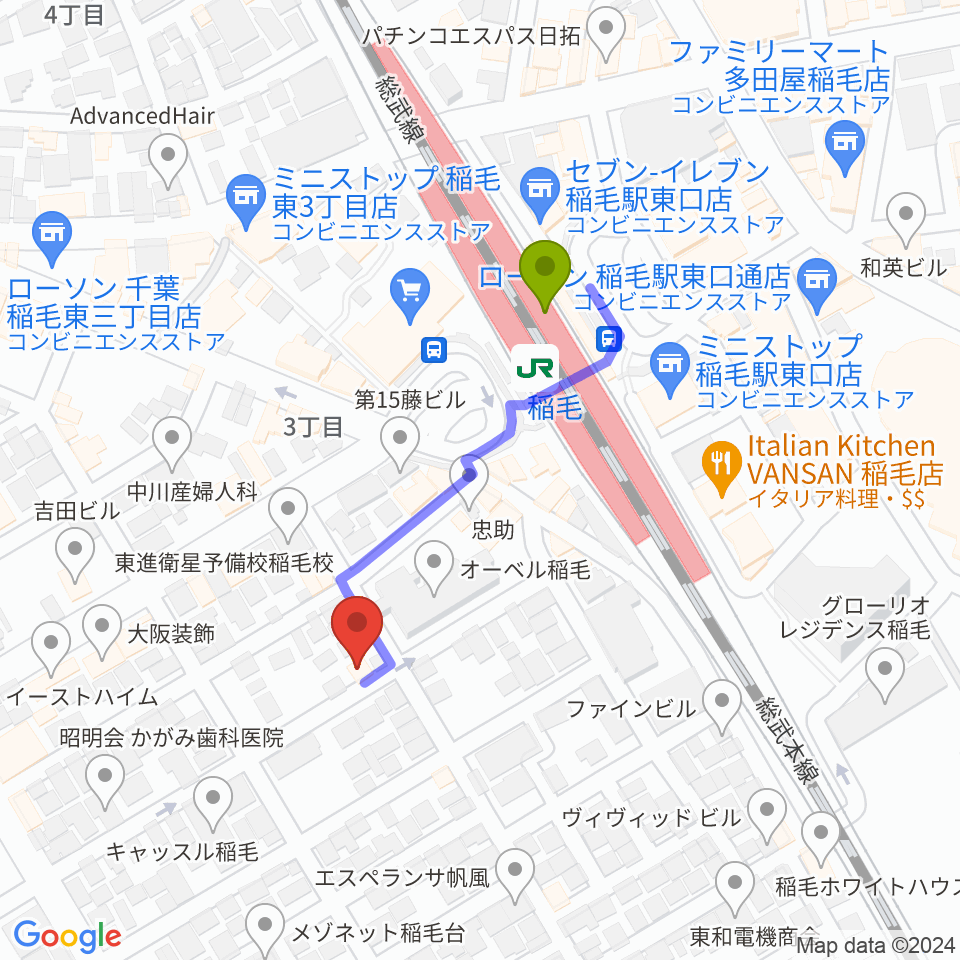 Jazz Spot CANDYの最寄駅稲毛駅からの徒歩ルート（約3分）地図