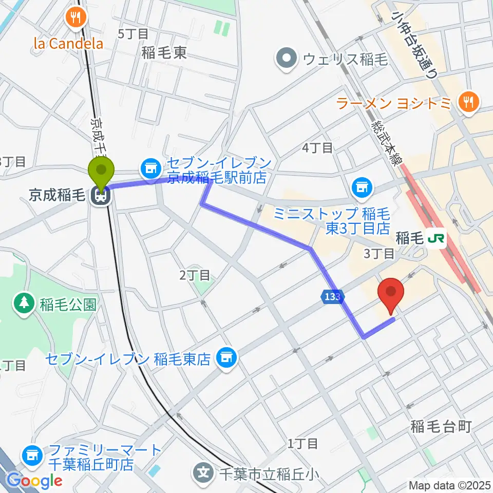 京成稲毛駅からJazz Spot CANDYへのルートマップ地図