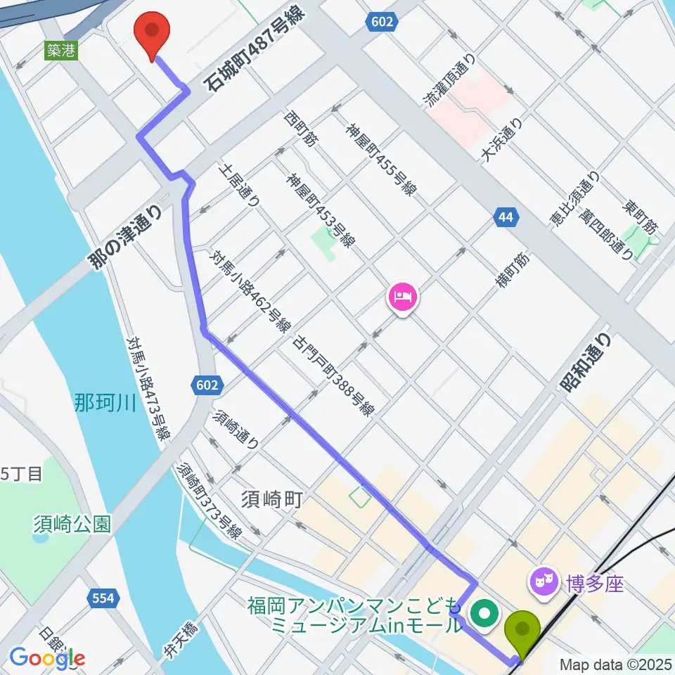 中洲川端駅からFineSound 築港店へのルートマップ地図