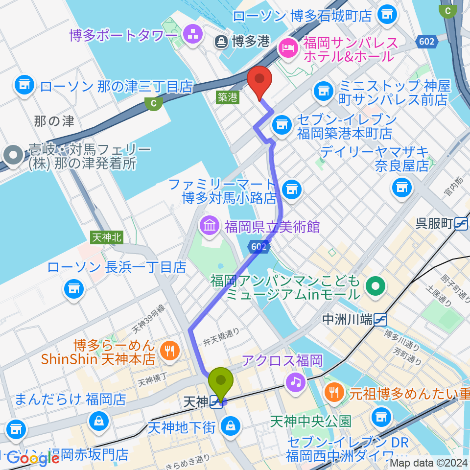 天神駅からFineSound 築港店へのルートマップ地図