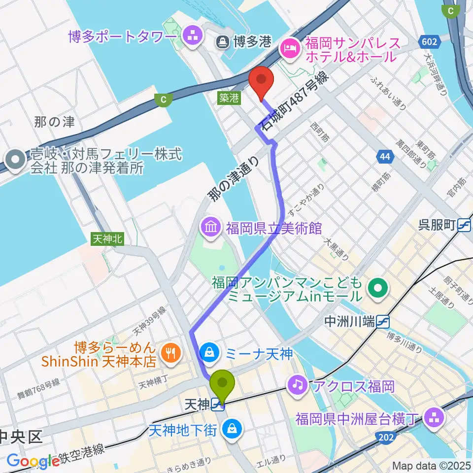 天神駅からFineSound 築港店へのルートマップ地図