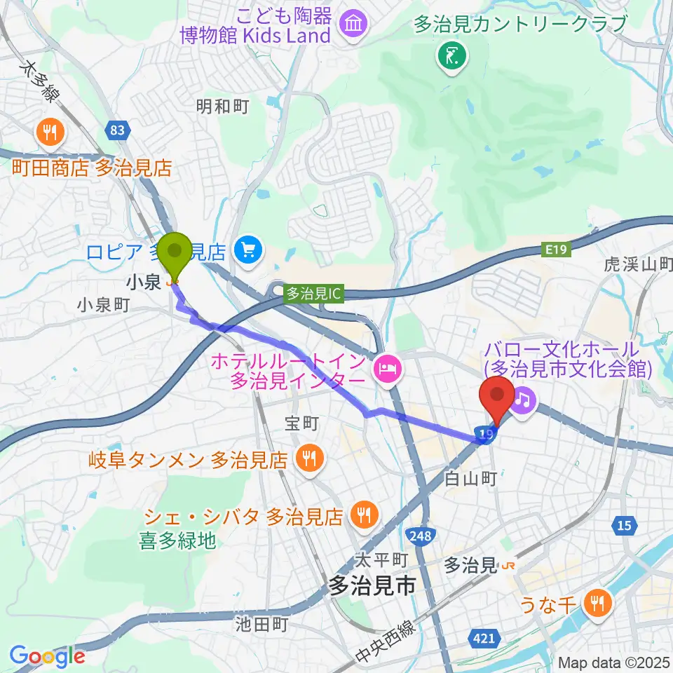 小泉駅からサウンドスタジオエリシアンへのルートマップ地図