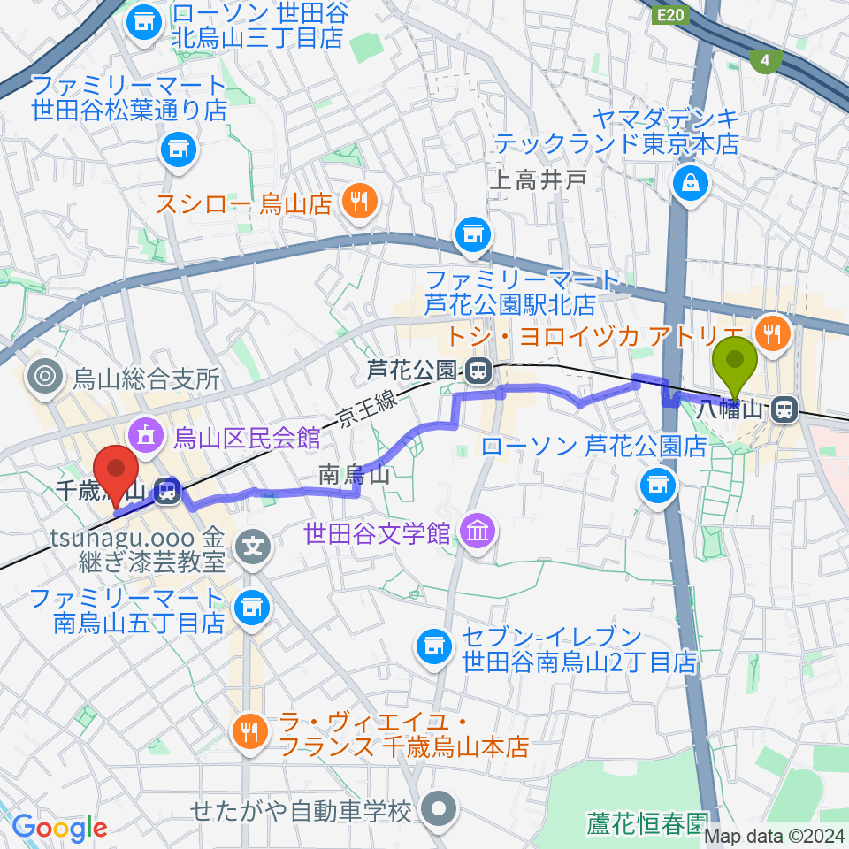 八幡山駅からJ’Z STUDIO 千歳烏山店へのルートマップ地図