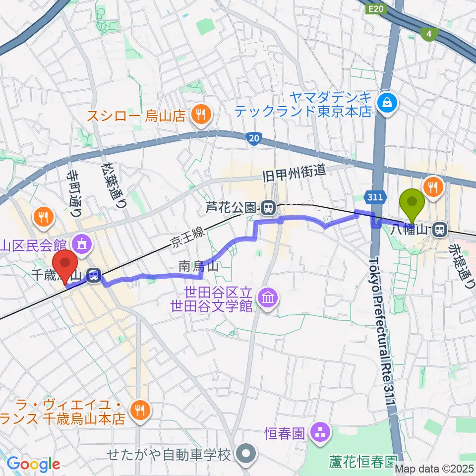 八幡山駅からJ’Z STUDIO 千歳烏山店へのルートマップ地図