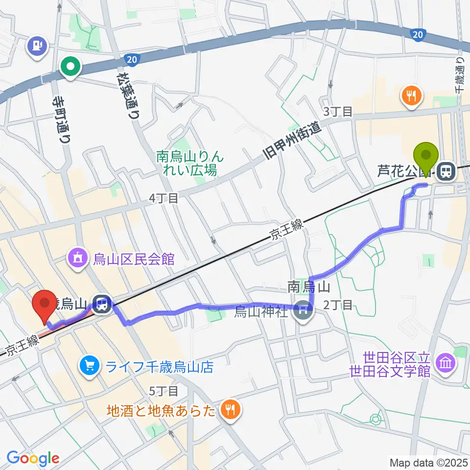 芦花公園駅からJ’Z STUDIO 千歳烏山店へのルートマップ地図