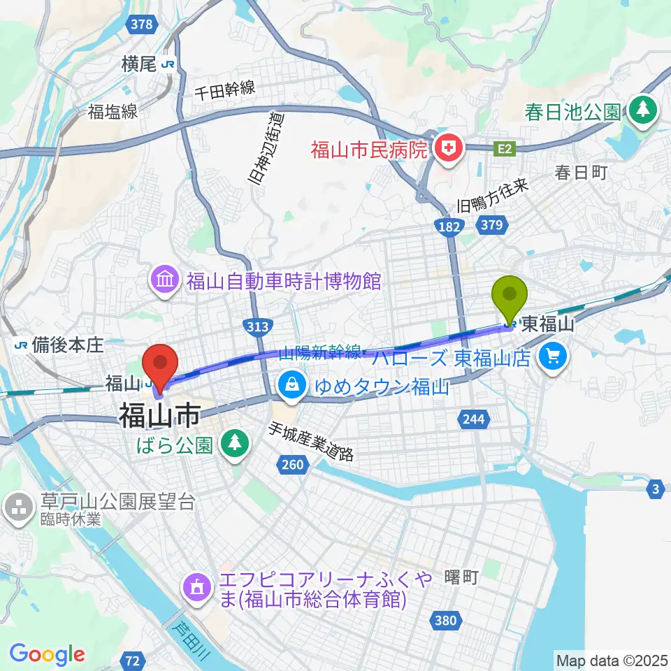 東福山駅から福山Cableへのルートマップ地図