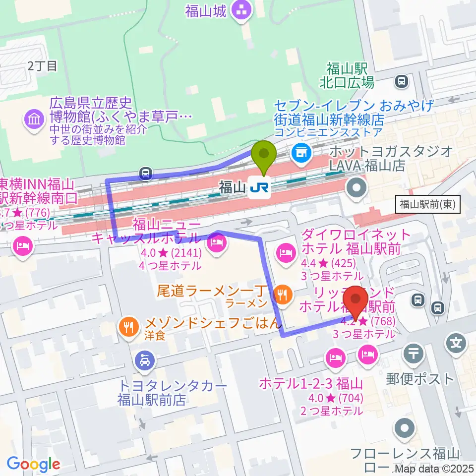 福山Cableの最寄駅福山駅からの徒歩ルート（約3分）地図