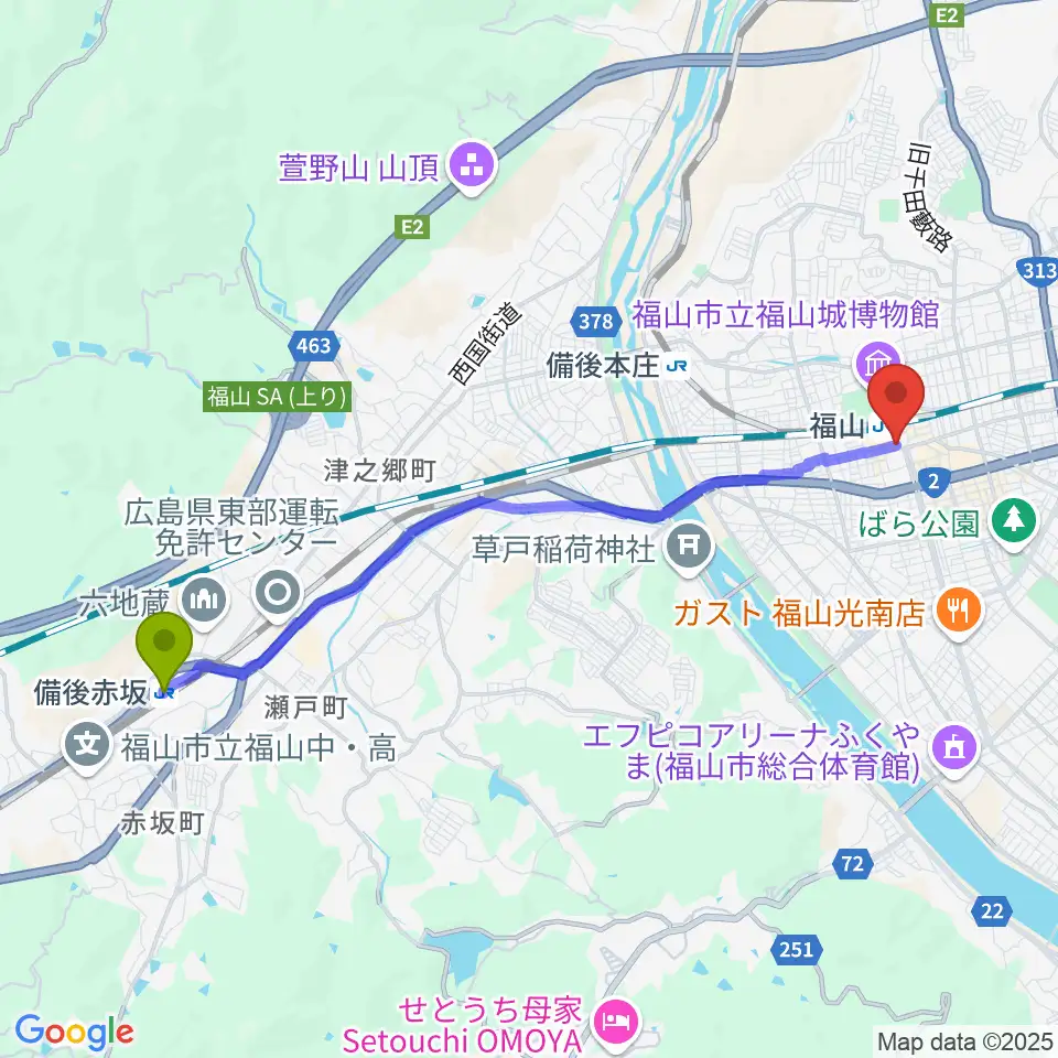 備後赤坂駅から福山Cableへのルートマップ地図