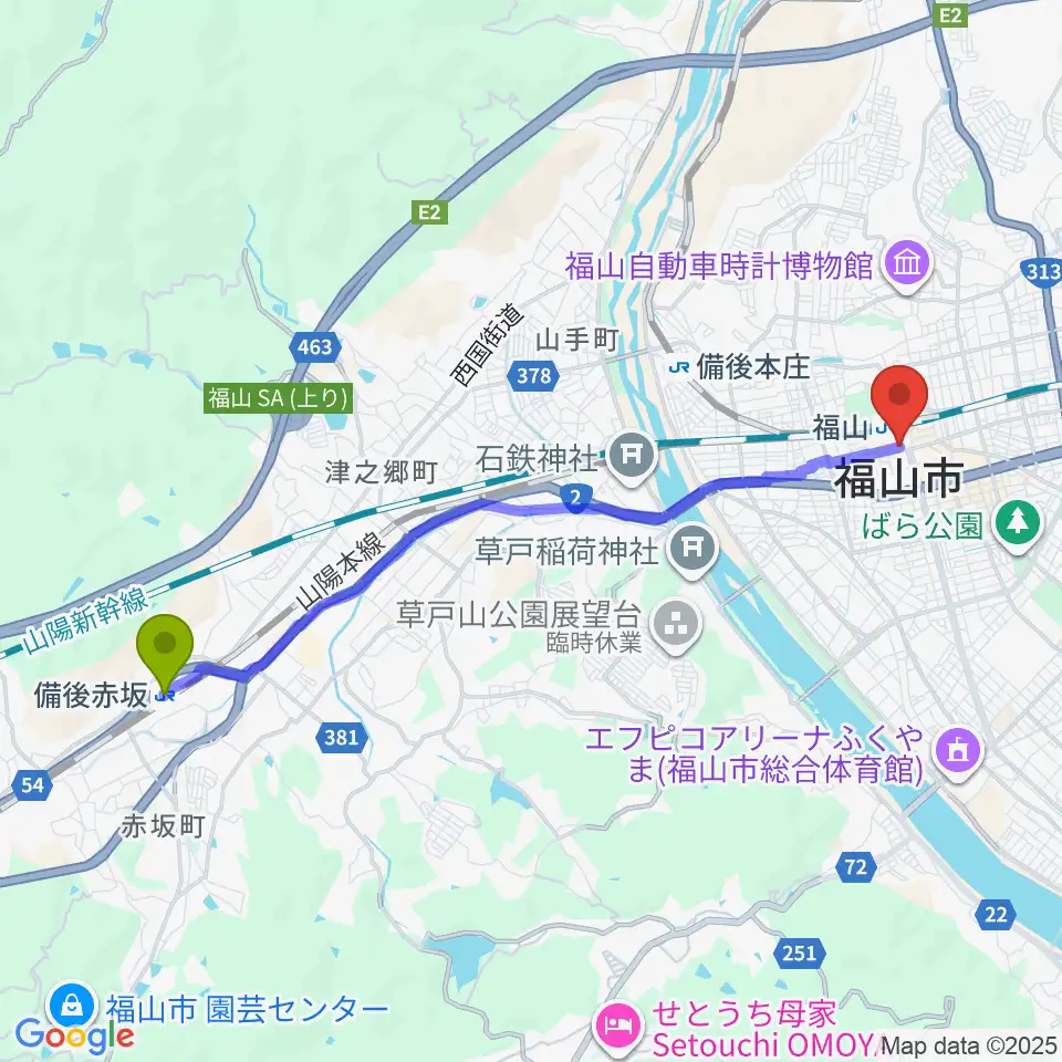 備後赤坂駅から福山Cableへのルートマップ地図