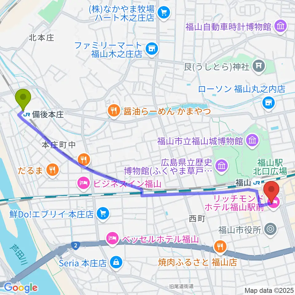 備後本庄駅から福山Cableへのルートマップ地図