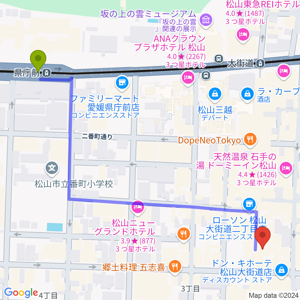 県庁前駅からLive music Barカラフルへのルートマップ地図