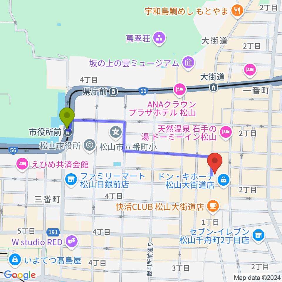 市役所前駅からLive music Barカラフルへのルートマップ地図